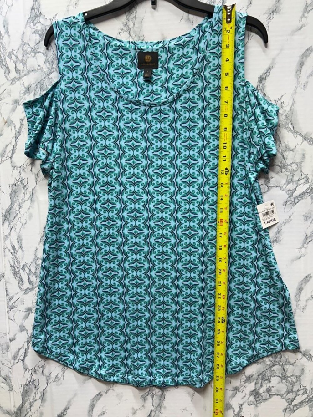 JM Collection Womens Large Blue & Green Cold Shoulder Top Geometric Print Rayon - Picture 3 of 8